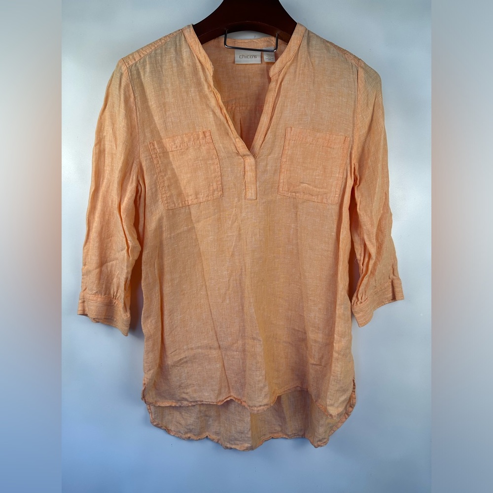 Chico’s Orange 100% Linen 3/4 Sleeves‎ Shirt Size 1 - Picture 2 of 9